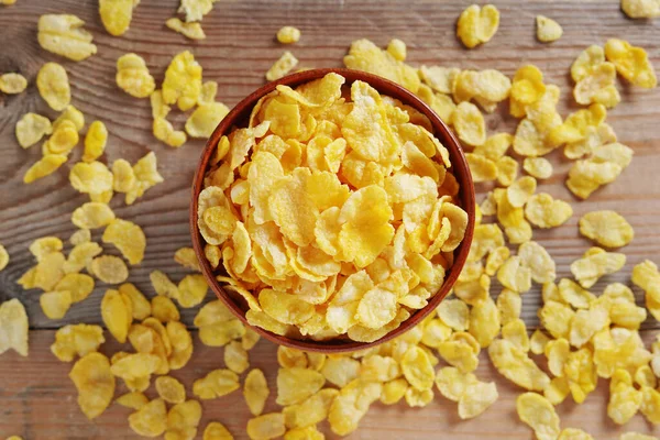 Cornflakes Schaal Houten Ondergrond Bovenaanzicht — Stockfoto