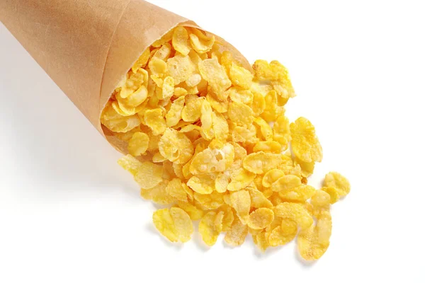 Cornflakes Papieren Zak Witte Achtergrond Close — Stockfoto