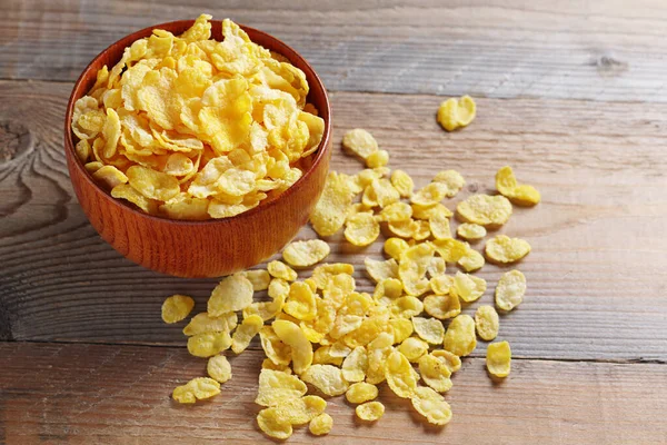 Cornflakes Kom Houten Ondergrond Traditioneel Ontbijtgranen Kopieerruimte — Stockfoto