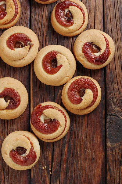 Biscuiți Cookie Uri Gem Fundal Din Lemn Vedere Sus — Fotografie, imagine de stoc