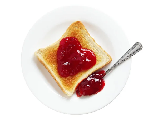 Toasted Bread Heart Shaped Jam Plate Isolated White Background Top — Stock Photo, Image