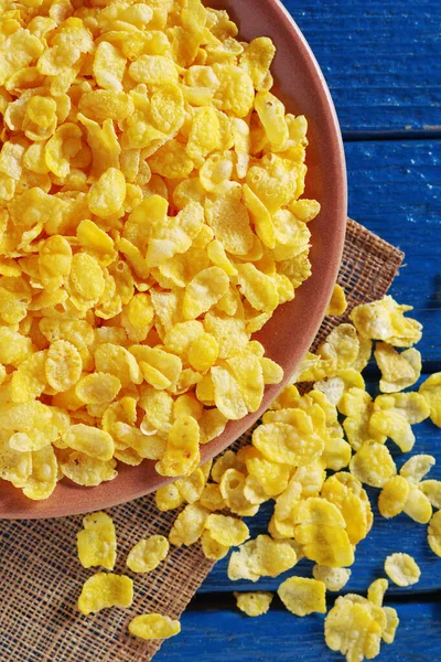 Cornflakes Assiette Sur Fond Bois Bleu Vue Dessus Petit Déjeuner — Photo
