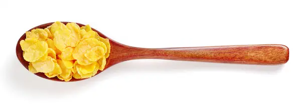 Cornflakes Holzlöffel Auf Weißem Hintergrund Draufsicht Traditionelles Müsli Frühstück — Stockfoto