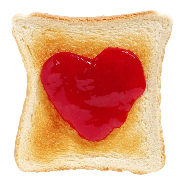 Kızarmış Ekmek Kalp Şeklinde Reçel Beyaz Arka Planda Izole Üst — Stok fotoğraf