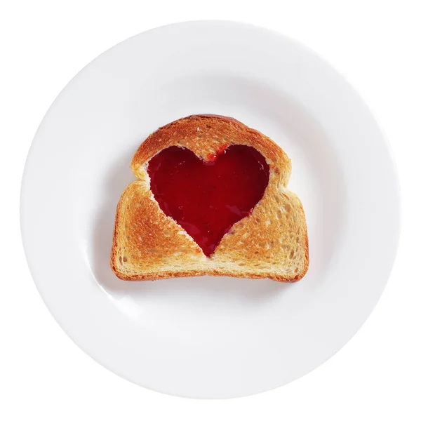Pão Torrado Com Geléia Forma Coração Uma Placa Isolada Fundo — Fotografia de Stock