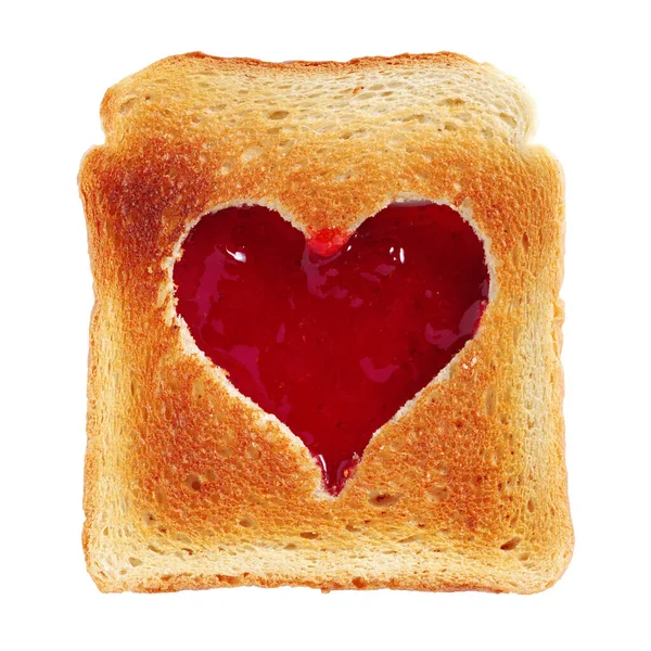 Snijd Geroosterd Brood Met Een Hartvormige Snede Aardbeienjam Geïsoleerd Witte — Stockfoto