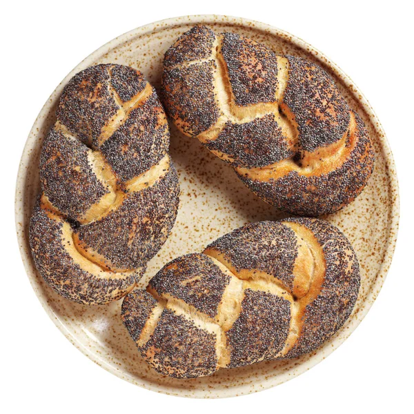 Kleine Rieten Broodjes Met Maanzaad Een Plaat Geïsoleerd Een Witte Stockfoto