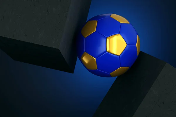 Bola Futebol Dourada Azul Entre Blocos Concreto Sólido Illustration Render — Fotografia de Stock