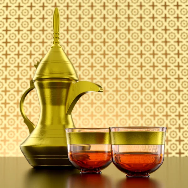 Moyen Orient Café Arabe Doré Dallah Pot Avec Des Tasses — Photo