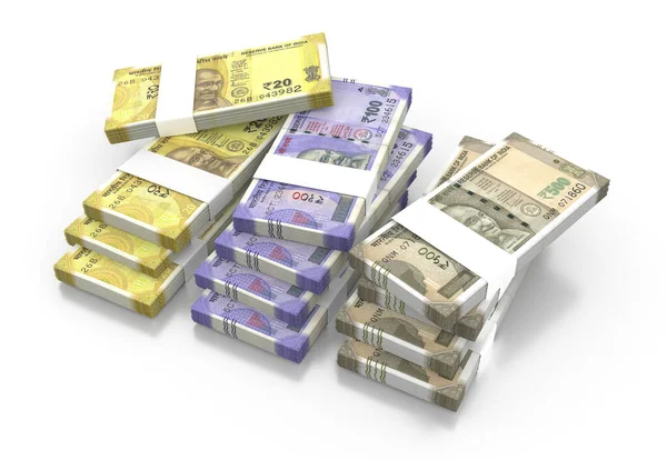 インドルピー20 100 500通貨ノートバンドルをホワイトの背景に分離 3Dイラストレンダリング — ストック写真