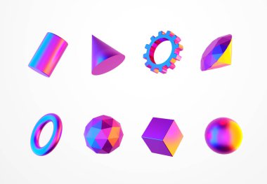 3d Renkli ve Yansıtıcı Geometrik Şekiller - Silindir, Koni, Gear, Elmas, Mücevher, Torus, Ico Küre, Küp ve Küre - 3D Resmetme