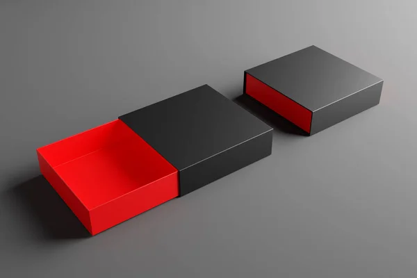 Üres Fekete Piros Termék Csomagolás Doboz Mockups Nyitott Zárt Illusztráció — Stock Fotó