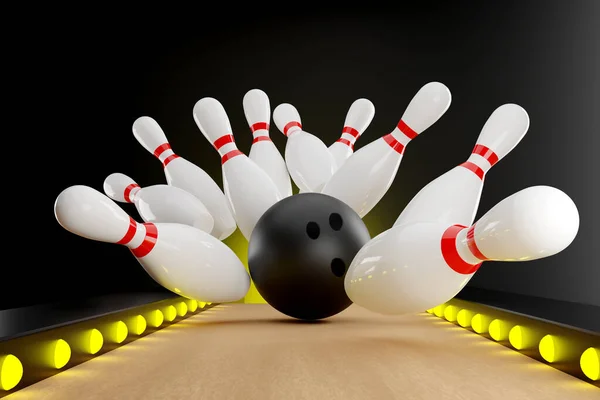 Bowling Action Ball Schlägt Die Kegelnadeln Illustration Render — Stockfoto