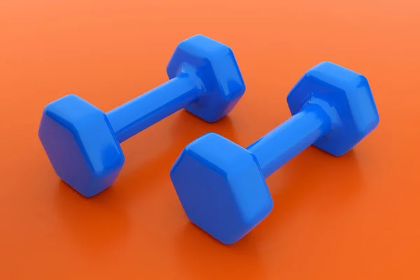 Metal Rubber Blue Dumbbell Pair Gym Equipment Orange Background Illustration — Stock Photo, Image