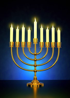 Mutlu Hanukkah - Altın Gerçekçi Menorah, Mum Durağı Mum Işıklı Mumlar - 3D Görüntü Sunumu