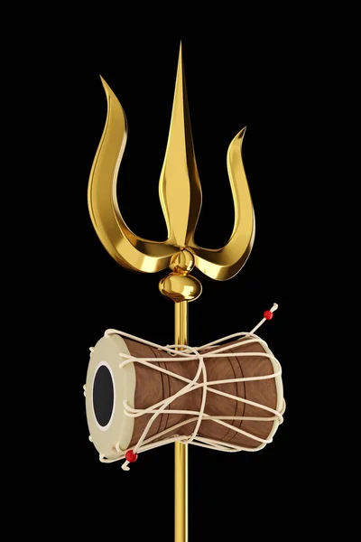 Trishul Shiva Ouro Madeira Damru Tambor Instrumento Musical Fundo Preto — Fotografia de Stock