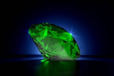 Beautiful Shiny Green Emerald Diamond on Black Blue Background - 3D Illustration Rendering