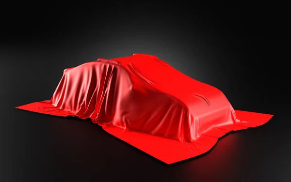 Car Covered Red Satin Cloth Exhibition Unveiling Black Background Illustration — Foto de Stock