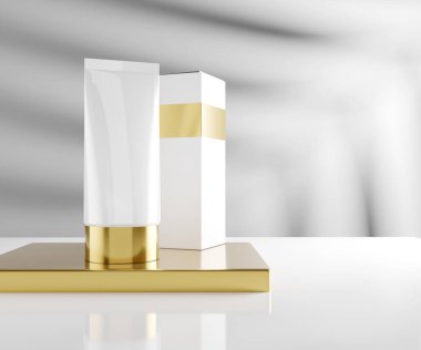 Cream Tube Mockup with a Box - Premium Skin Care Cosmetic Product on a Block - 3d Illustration Rendering