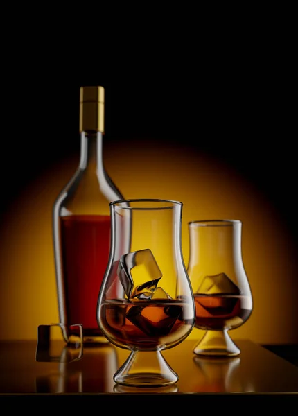Rum Alcolico Bottiglia Whisky Bicchieri Blocco Legno Render Illustrazione Immagini Stock Royalty Free