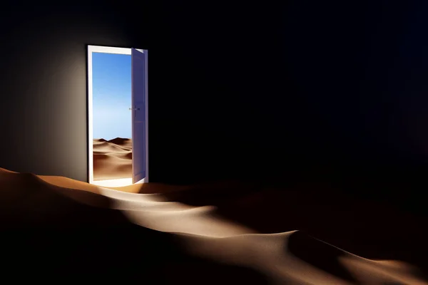 Otwarte Drzwi Światło Prowadzące Pustynię Minimalna Koncepcja Obrazowanie Ilustracji — Zdjęcie stockowe