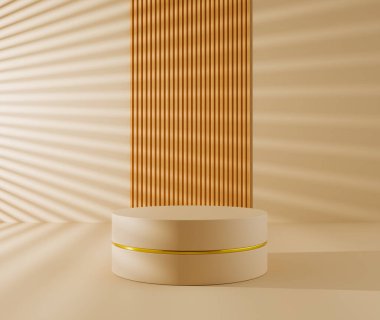 Altın dokunuşlu ve ahşap zeminli 3D Podyum - 3D Görüntü Görüntüleme