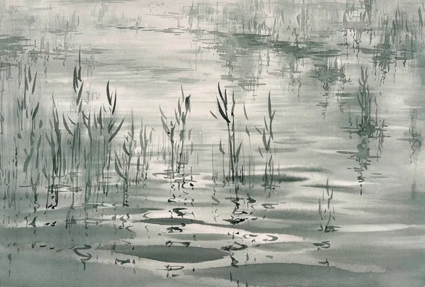Water Grass Reflections Grey Watercolor Background Summer Landscape Fotos de stock libres de derechos