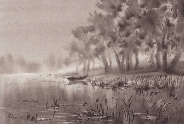 霧の水彩画の背景にある湖のそばのボート 1色のイラスト — ストック写真