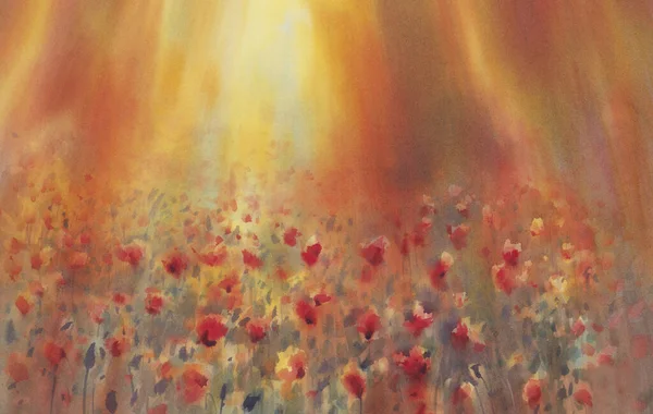 红色的罂粟田在黄昏浅色的水彩画背景下 夏季风景 — 图库照片