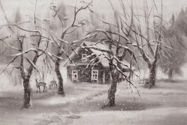 Winterlandschap Het Dorp Een Kleur Aquarel Achtergrond Kerst Illustratie — Stockfoto