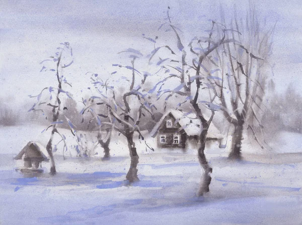 Zimní Krajina Obci Jedna Barva Akvarel Pozadí Vánoční Ilustrace — Stock fotografie