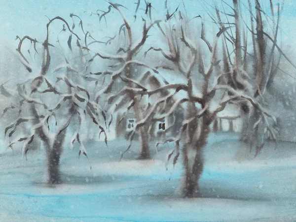 冬季景观中的村庄一色水彩画背景 圣诞插图 — 图库照片