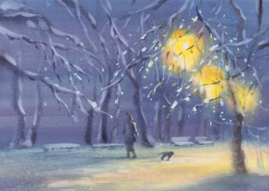 Parkta ışıklar ve insanlarla geçen kış. Noel illüstrasyonu