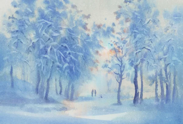 Forest trees in blue twilight watercolor background. Chritmas illustration