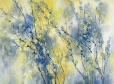 Pussy willow twigs in a blue and yellow watercolor background. Easter illustration