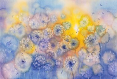 Dandelion clock field watercolor background. Rainbow color. Valentine illustration