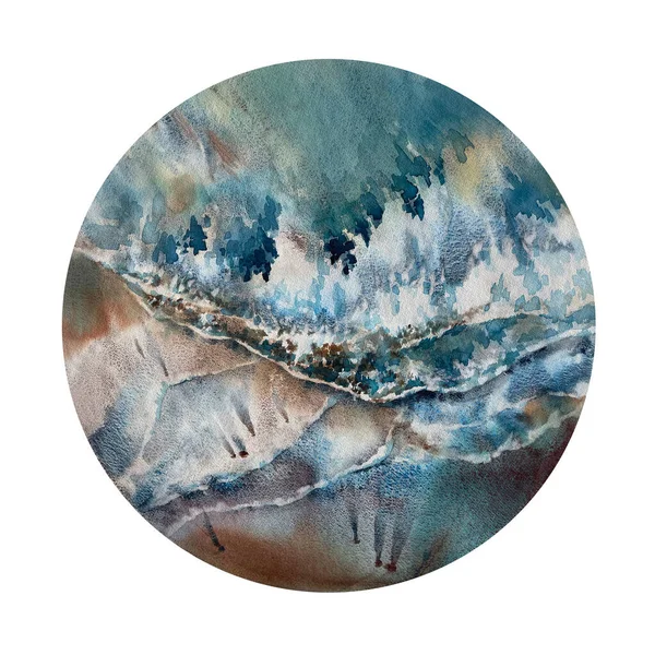 Vue Mer Orageuse Dans Fond Aquarelle Forme Cercle Illustration Paysage — Photo