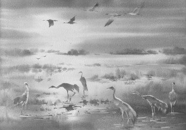 Sabah sisli, suluboya arka planda turnalar. Kahverengi renkli resim