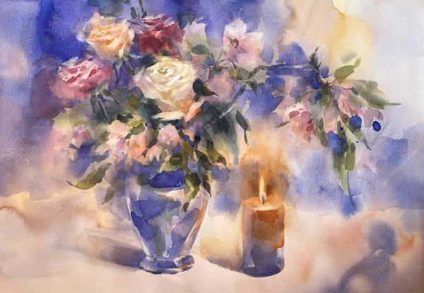 青の花瓶とキャンドルの水彩の背景に色のバラ 暖かい気分図 — ストック写真