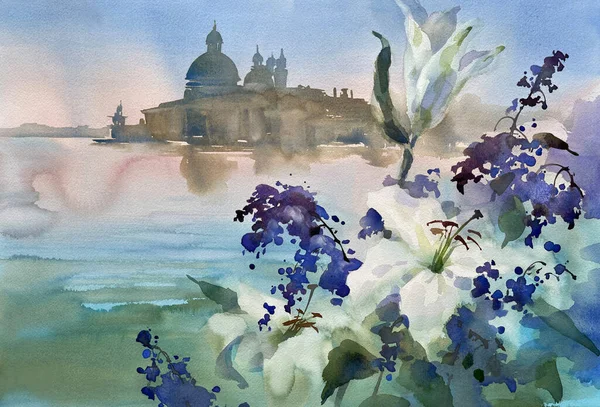 Gran Canal Venecia Con Flores Fondo Acuarela Mañana Lily Lila — Foto de Stock