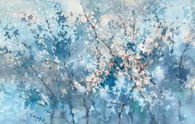 Sakura branches flowering watercolor background. Spring illustration. Cherry bloom clipart