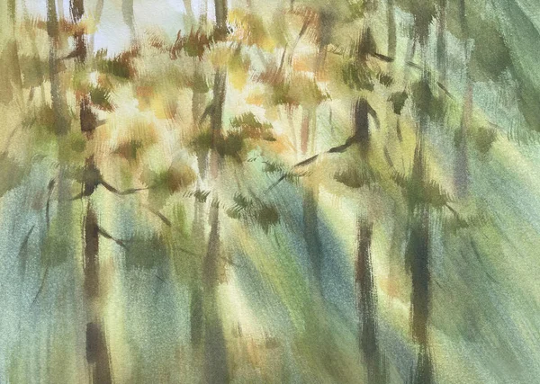 Paisagem Floresta Primavera Com Luz Solar Sombras Watercolor Bakground Ilustração — Fotografia de Stock