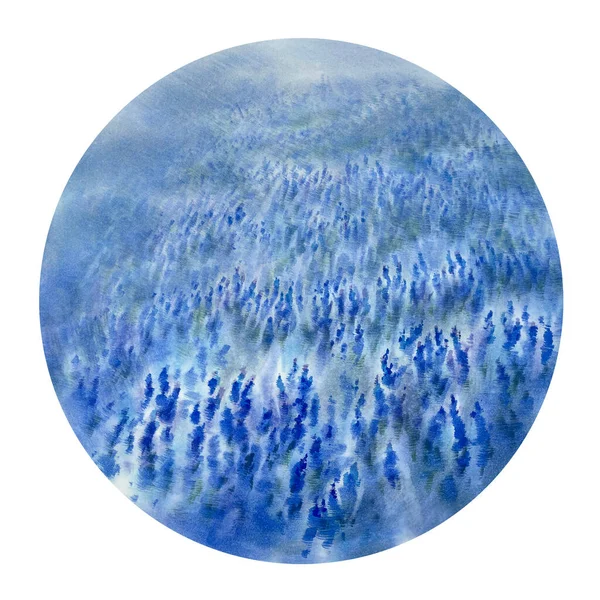 Virágzó Kék Rét Nyári Táj Kerek Akvarell Háttér Kézzel Festett — Stock Fotó