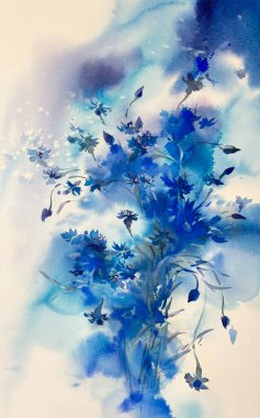 Mavi suluboya arka planda çiçek. Yaz illüstrasyonu. Hüzünlü