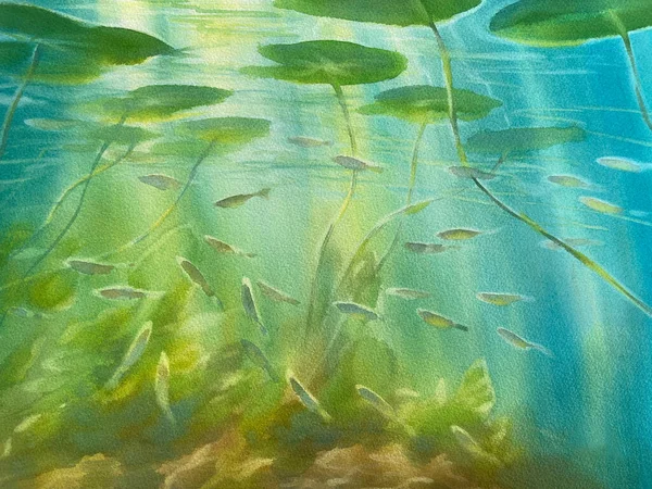 Small fish and leaves underwater watercolor background. Hand painted illustration