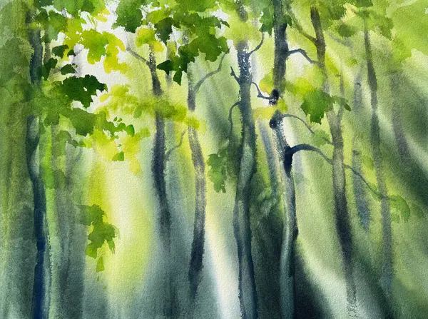 Green spring forest in the mist watercolor background. Easter illustration