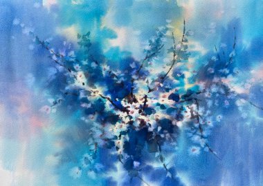 Mavi soyut suluboya arka planda beyaz bahar çiçekleri. Anneler günü havası.