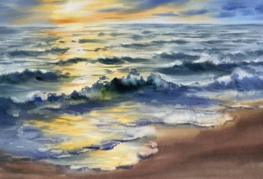 Suluboya arka planda sonbahar günbatımı. Elle boyanmış resim