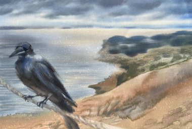 Black crow in sand dunes watercolor landscape. Rainy day illustration clipart