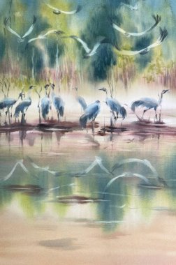 Sonbaharda suluboya arazide turnalar. Kuş çizimi